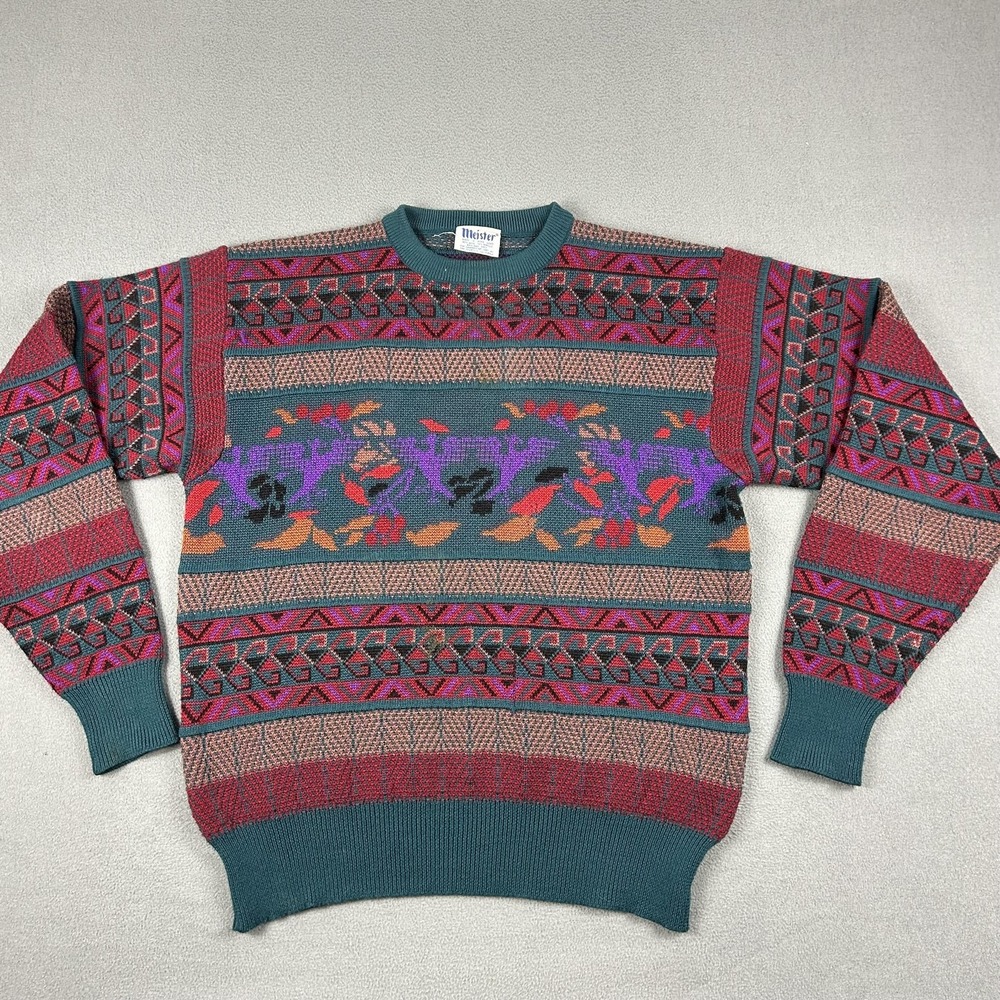 Vintage Meister Sweater Mens‎ Large Multicolor Geometric Knit Crewneck Birds 90s